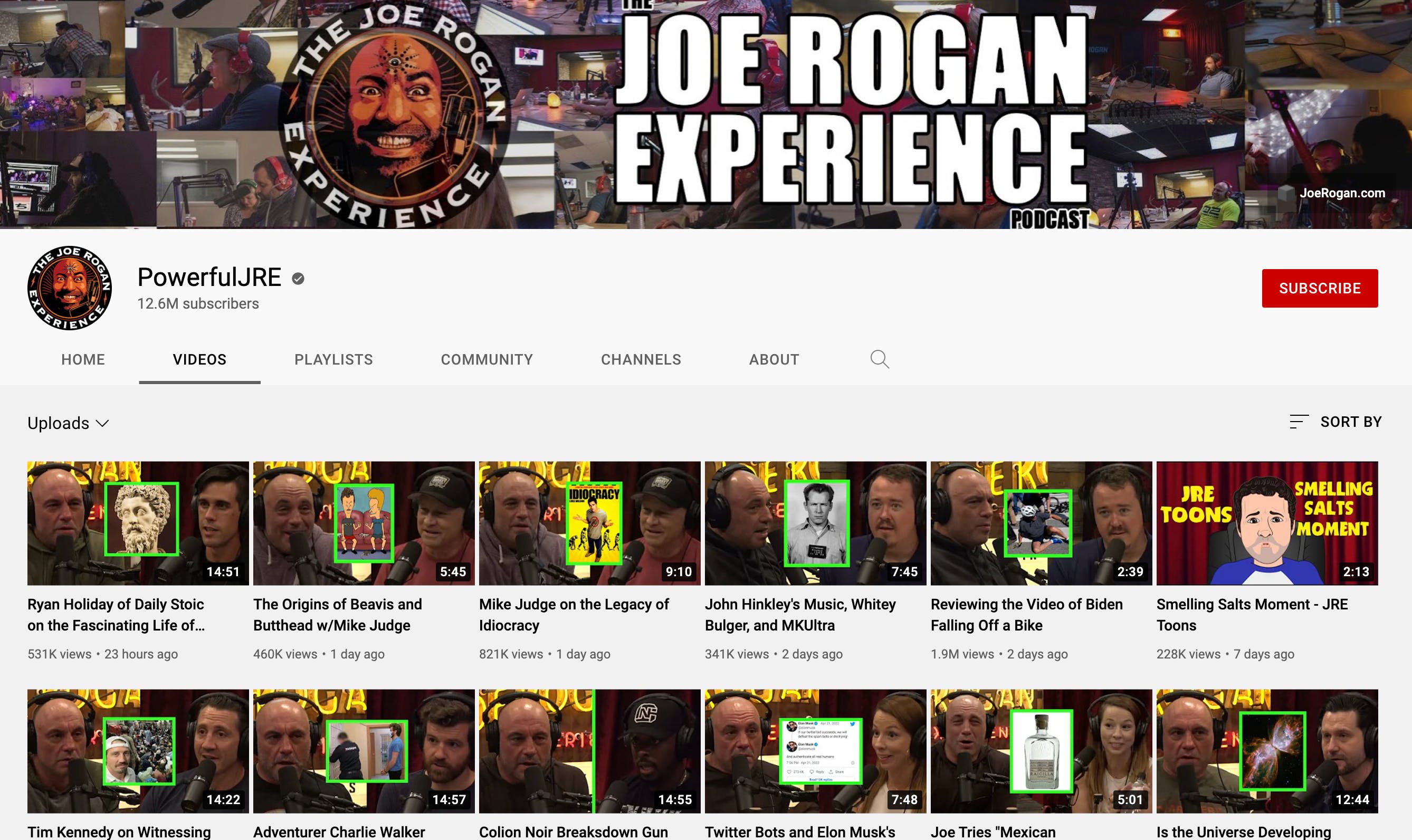 PowerfulJRE podcast YouTube channel with JRE banner and video thumbnails