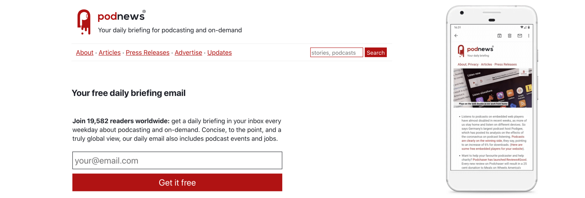 Podnews homepage with newsletter subscription box and picture of smartphone