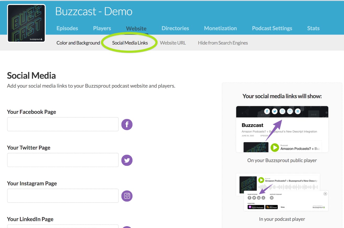 Buzzsprout dashboard for Buzzcast showing four social media fields and a green circle around the Social Media Links tab