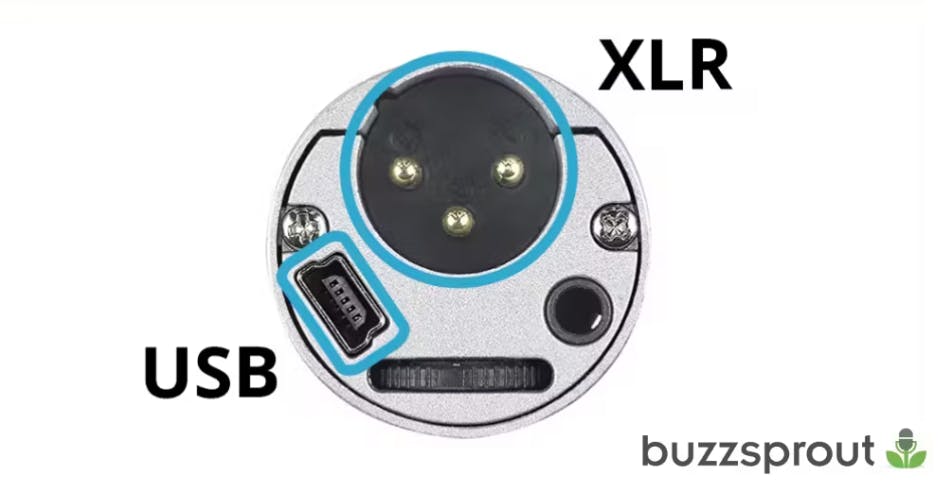 The bottom of a hybrid XLR/USB mic with labels for each type of connection