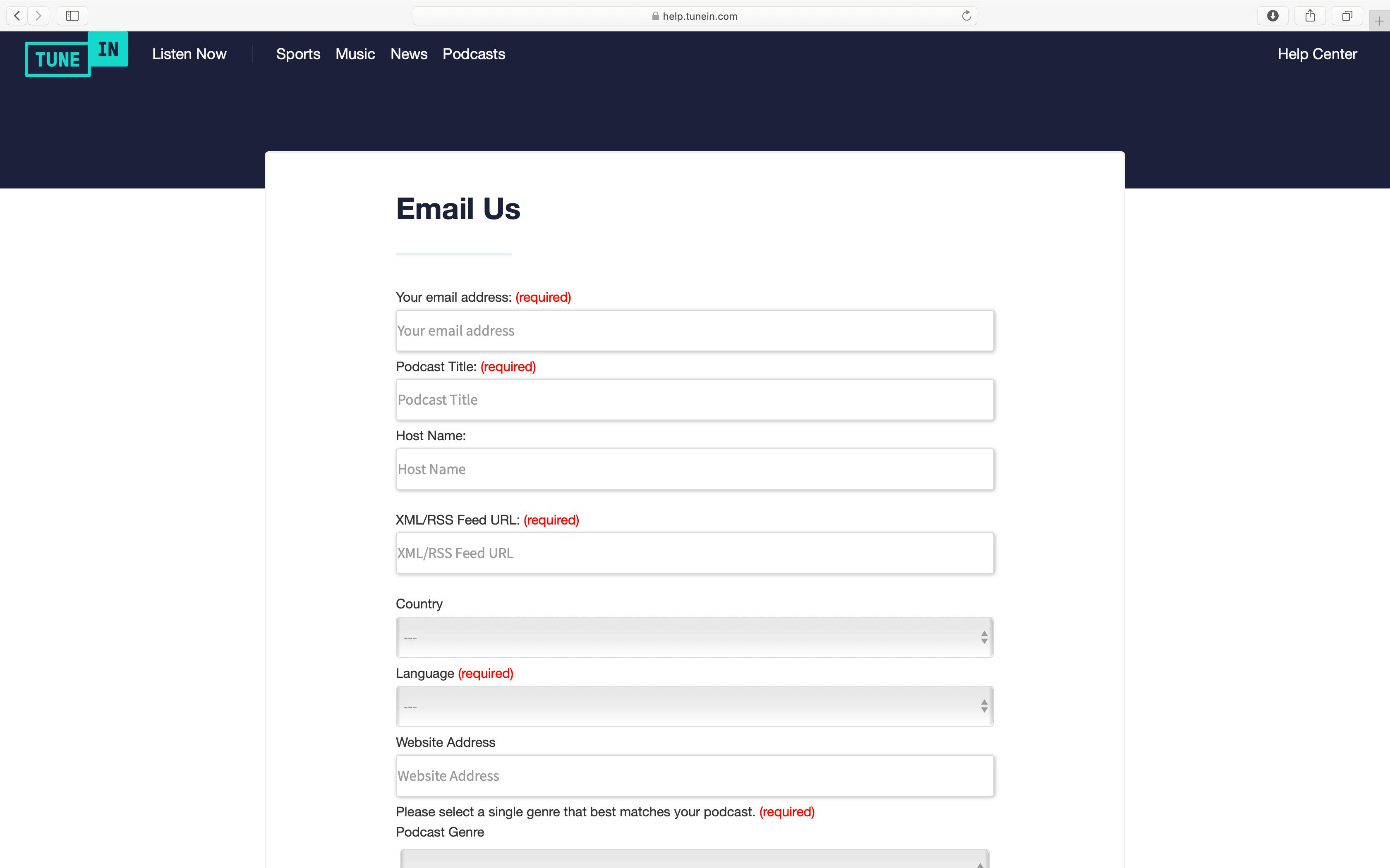TuneIn website podcast submission form