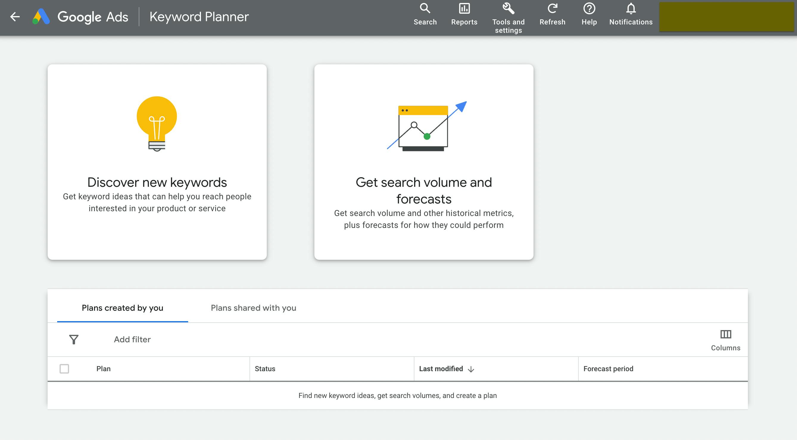 Google AdWords Keyword Planner dashboard