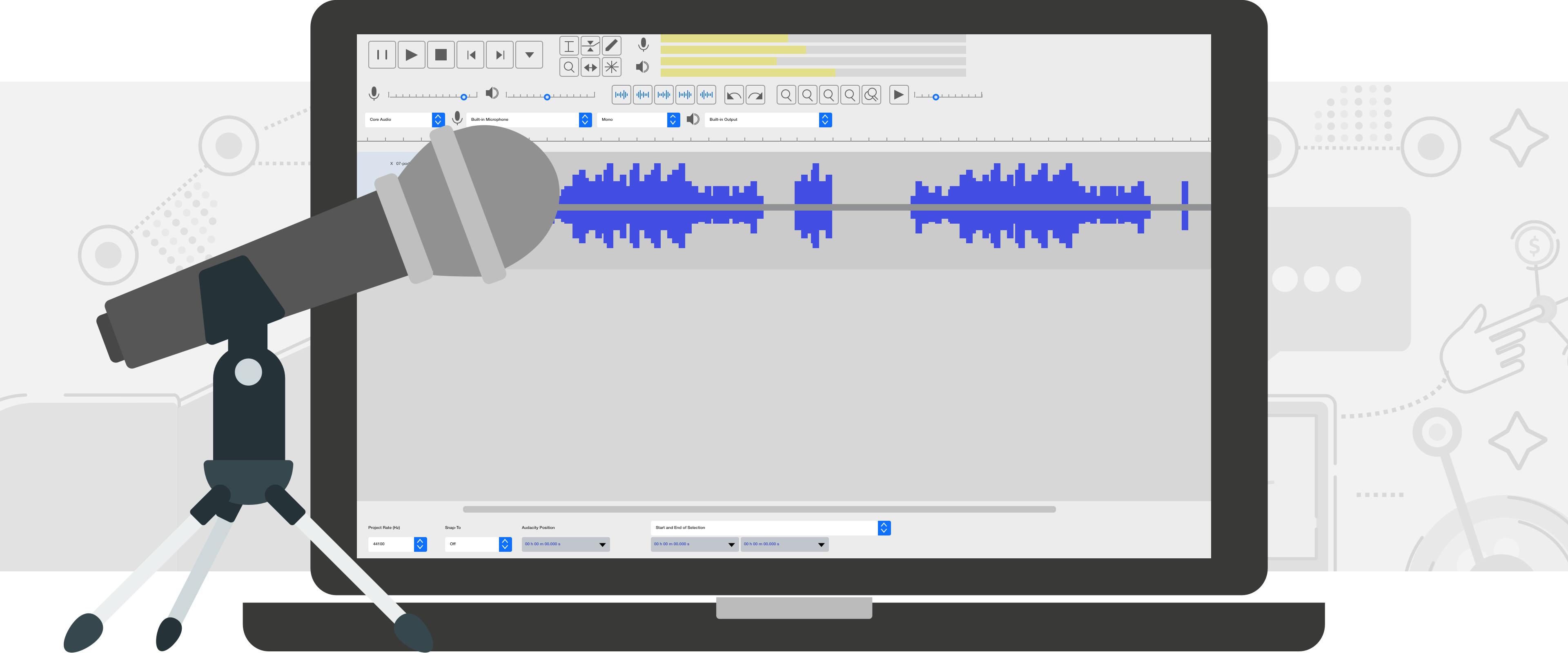 Microphone in front of a lap top with a waveform on the screen