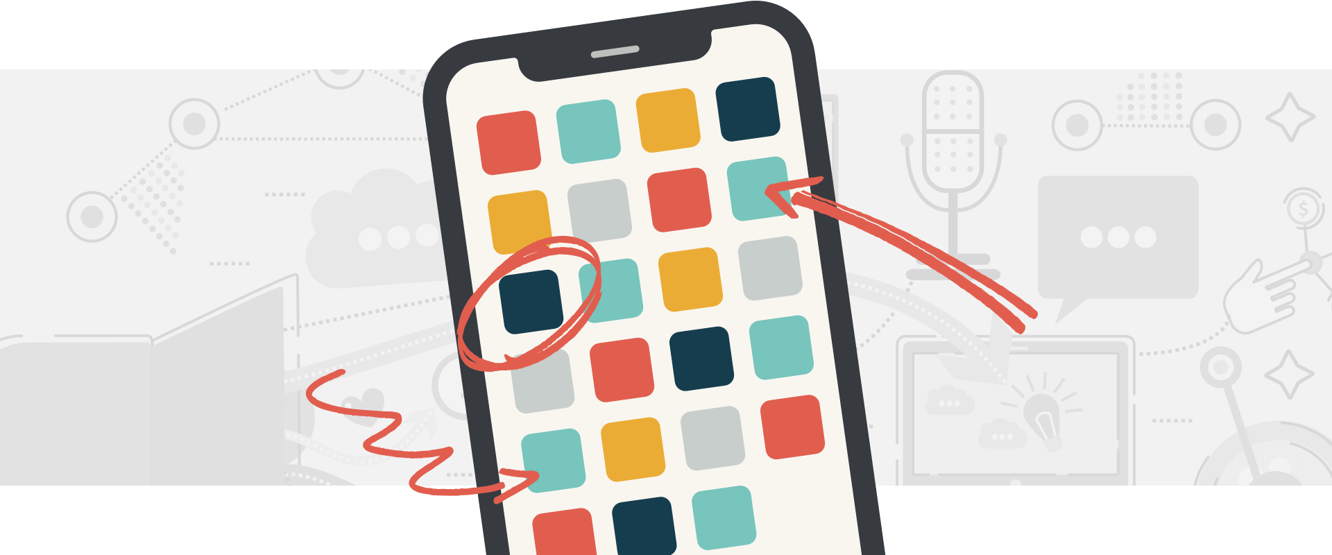 Smartphone with colorful square blocks as icons and arrows pointing to them