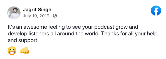 Facebook comment on the helpful assistance Buzzsprout provides to grow podcast