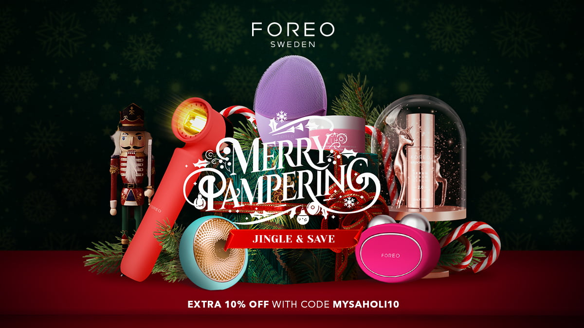 FOREO beauty gifts for women, a lot of FOREO products on a dark festive background