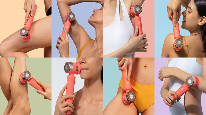 Eight thumbnail photos of a female model using FOREO PEACH 2 IPL device on various parts of the body