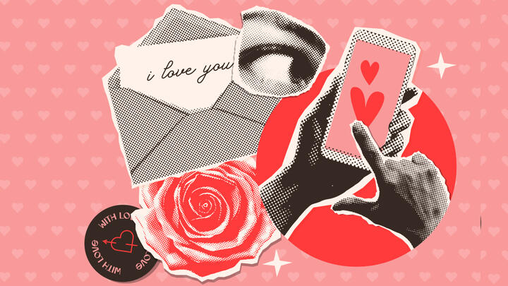 A collage showing hands holding a phone with hearts on screen, open letter, a rose, and an eye on a pink surface